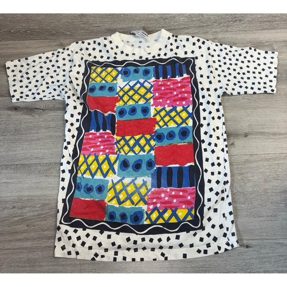 Vintage 90s Kitty Hawk By Vivian Wang Art Deco Pop Art AOP T Shirt Size Large